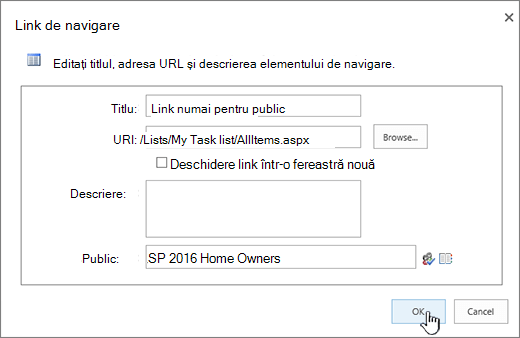 Proprietățile linkului de navigare cu OK evidențiat.