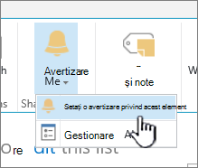 Setarea avertizării SharePoint 2016 pentru un element cu elementul selectat