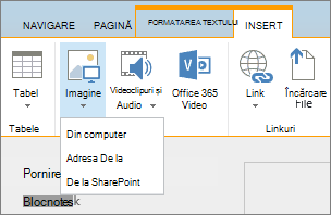 Captură de ecran a panglicii SharePoint Online. Selectați fila Inserare, apoi selectați Imagine pentru a alege dacă doriți să încărcați un fișier de pe computer, o adresă web sau o locație SharePoint.