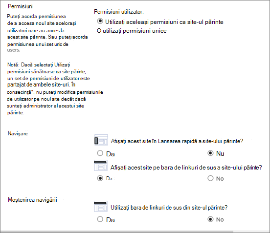 Jumătatea de jos a dialogului Creare site