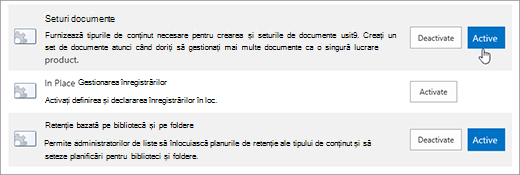 Exemple de caracteristici ale colecției de site-uri pe care le puteți activa pentru SharePoint