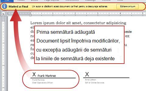 Document cu prima semnătură adăugată, deci blocat pentru modificări