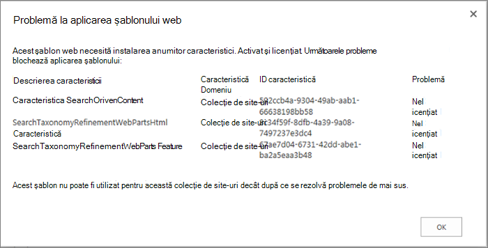 Captură de ecran a unui mesaj de eroare care afișează o eroare pe care este posibil să o primiți dacă unele caracteristici indisponibile împiedică crearea de site-uri în SharePoint Online.