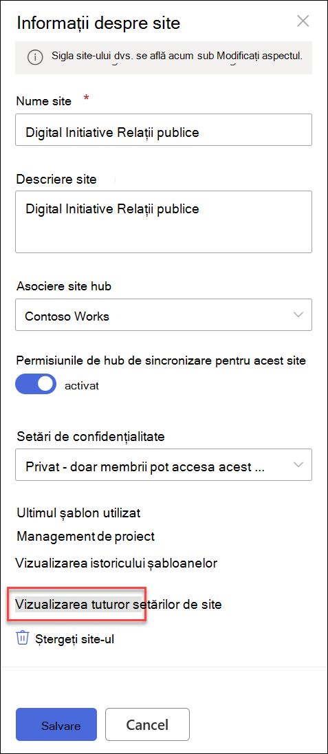 Caseta de dialog Informații site.