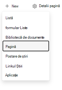 Captură de ecran a meniului Nou de pe un site SharePoint, cu opțiunea Pagină selectată.