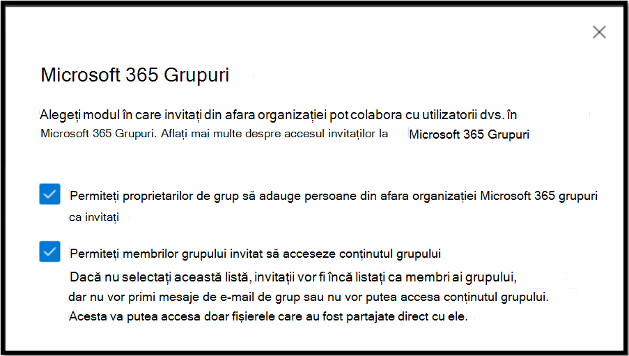 Alegeți modul în care invitații din afara organizației pot colabora cu utilizatorii din grupurile Microsoft 365