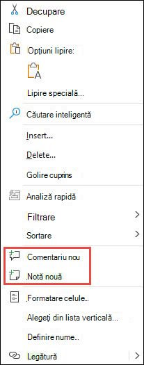 Imagine cu meniul contextual de la clic dreapta pe Excel