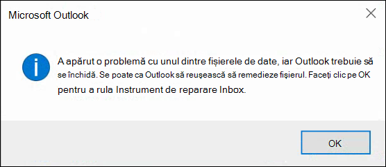 Ceva este în neregulă cu unul dintre fișierele dvs. de date și Outlook trebuie să se închidă.