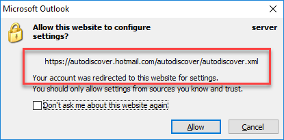Outlook redirecționează la Descoperire automată
