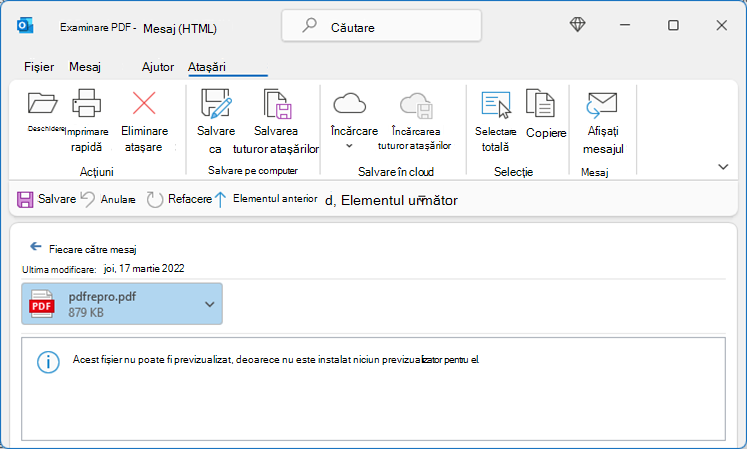 Eroare în PDF atunci când se încearcă afișarea din Outlook