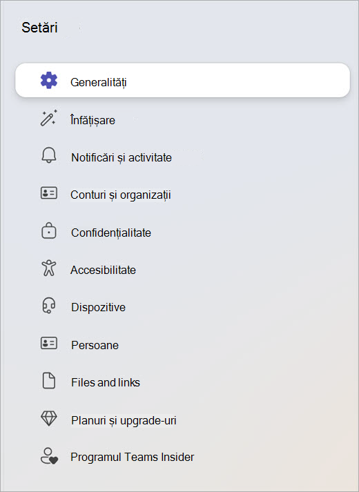 Captură de ecran a panoului Setări afișând categorii precum General, Confidențialitate și Dispozitive.