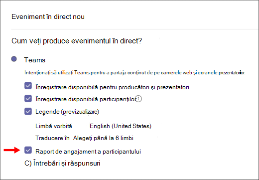 Caseta de selectare raport de angajament a participantului