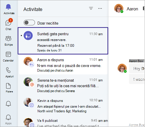 Captură de ecran afișând confirmarea rezervării biroului care poate fi rezervat în fluxul de activități Teams după plugin.