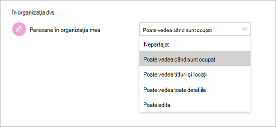 Captură de ecran afișând permisiuni de acces diferite atunci când partajați un calendar în Teams.