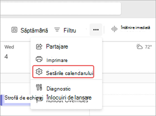 Captură de ecran evidențiind setările calendarului din calendarul Teams.