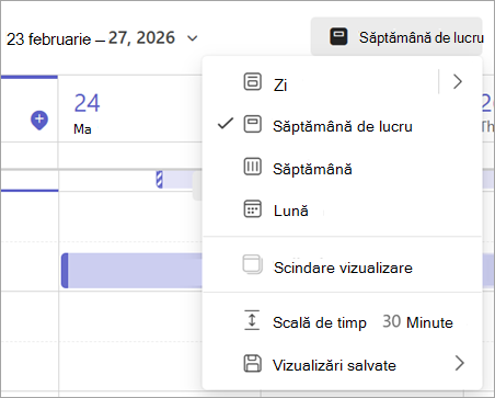 Captură de ecran a meniului vertical afișând diferite vizualizări de calendar în Teams.