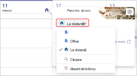 Captură de ecran afișând meniul vertical pentru planul de lucru din calendarul Teams.