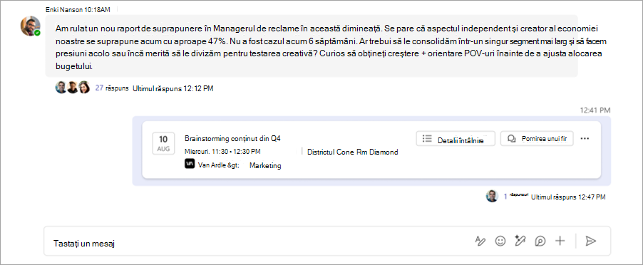 Captură de ecran afișând chatul întâlnirii cu fire într-un canal Microsoft Teams.