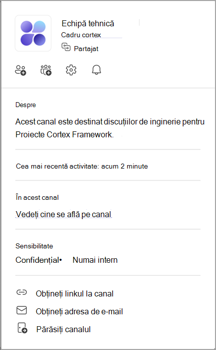 Captură de ecran a unei fișe de canal. Indicați spre un nume de canal pentru a-i vizualiza fișa de canal.