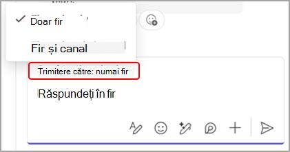 Captură de ecran afișând opțiunile pentru a răspunde la un mesaj de canal doar din fir sau atât în fir, cât și în conversația canalului principal.