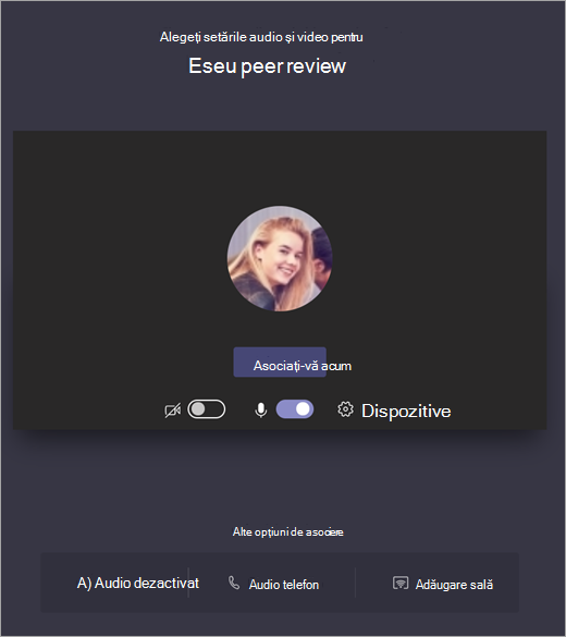 Alegeți setările audio și video pentru întâlnirea Teams înainte de asociere