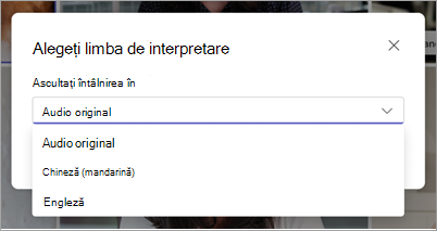 Captură de ecran afișând meniul vertical Alegeți limba de interpretare în Microsoft Teams.