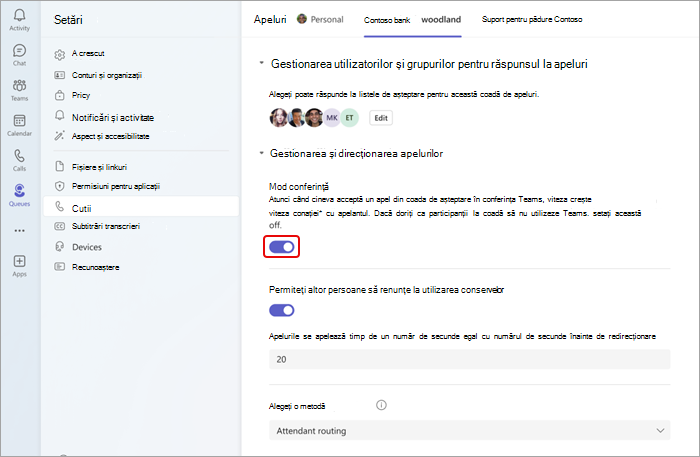 Captură de ecran care arată cum să activați sau să dezactivați modul de conferință