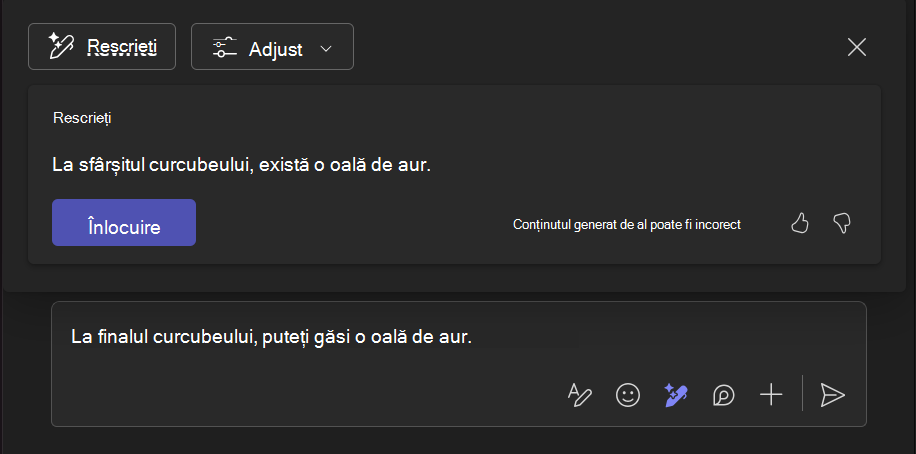 Captură de ecran care arată cum ajută instrumentul Rescriere cu Copilot la îmbunătățirea unui fragment de text.