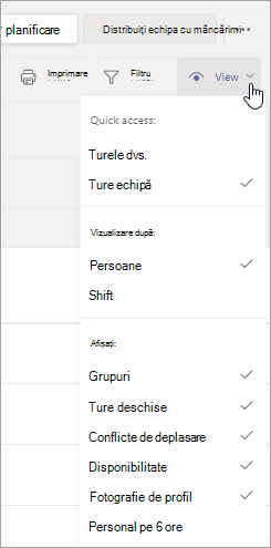 Personalizați vizualizarea planificării în Ture utilizând opțiunile din meniul Vizualizare.