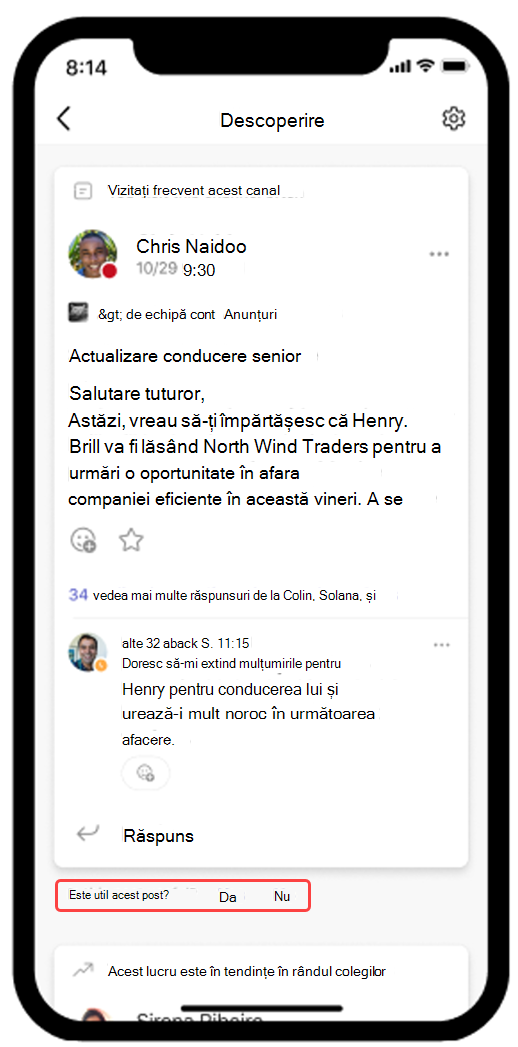 Captură de ecran afișând fluxul Descoperire Teams deschis pe mobil