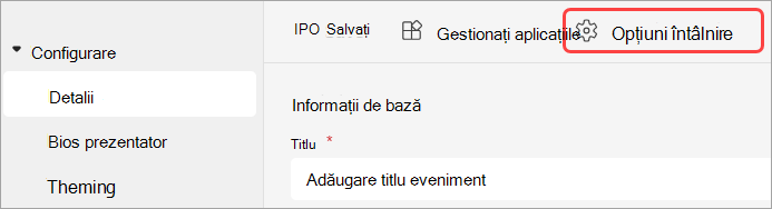 Captură de ecran evidențiind interfața cu opțiunile întâlnirii într-un eveniment Teams.