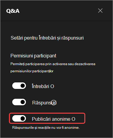 Captură de ecran evidențiind interfața utilizator pentru a ascunde numele participanților în Întrebări&răspunsuri