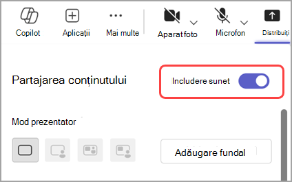 Activați comutatorul Includere sunet pentru a partaja sunetul din fereastra pe care o partajați.