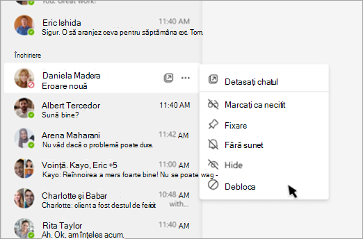 Captură de ecran care arată cum să deblocați pe cineva din panoul de chat