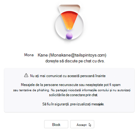 Text care îi solicită utilizatorului să accepte sau să blocheze un chat nou