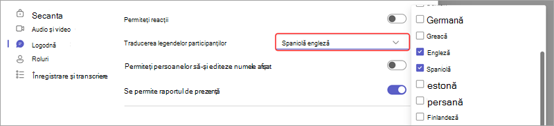 Opțiune de întâlnire care arată cum să adăugați limbi pentru subtitrările traduse live într-un eveniment.