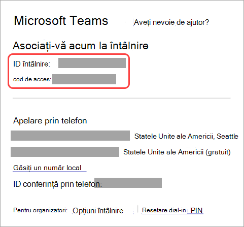 Captură de ecran care arată unde se găsesc ID-ul întâlnirii și parola în invitația la întâlnire.