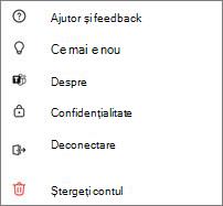 Captură de ecran cu Teams Setări mobile gratuite cu ajutor, noutăți, despre, confidențialitate, deconectare și ștergere cont
