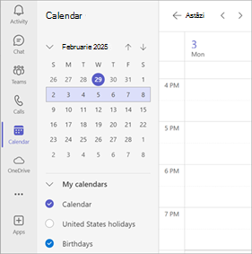 Captură de ecran afișând mai multe calendare selectate într-un calendar Teams.