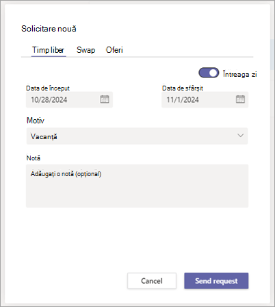 Caseta de dialog Solicitare nouă din Ture, afișând fila Timp liber pentru solicitarea de timp liber.