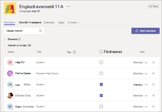 Bifați casetele de selectare de lângă numele elevilor/studenților pentru a le dezactiva sunetul.