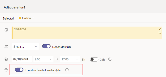 Captură de ecran afișând comutatorul Schimb deschis între locații pentru o tură deschisă.