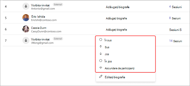 O captură de ecran a întâlnirii Teams afișând lista de participanți și opțiuni de ajustare a pozițiilor: sus, sus, jos, jos sau ascundere.