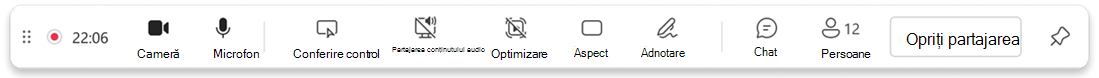 Captură de ecran cu bara de instrumente pentru prezentator.