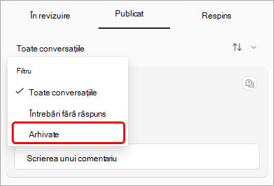 Captură de ecran a meniului vertical filtru Întrebări&răspunsuri, cu opțiunea arhivată evidențiată.