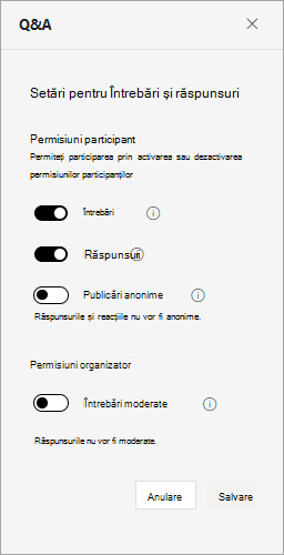 Captură de ecran afișând setările pentru Întrebări și răspunsuri în timpul unei reuniuni generale