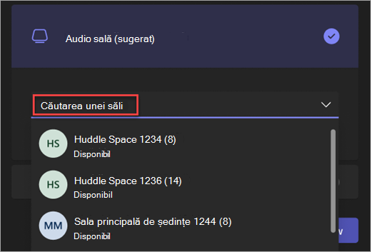 Captură de ecran a barei de căutare pentru opțiunea audio a sălii din ecranul de pre-asociere la întâlnirea Teams.