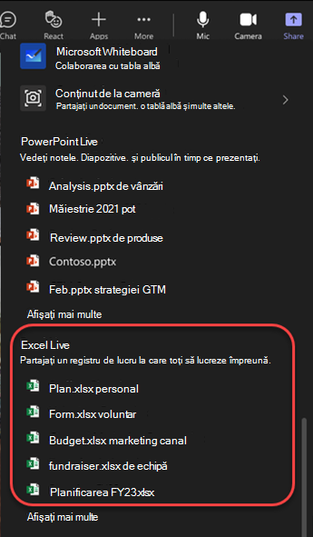 Captură de ecran cu opțiunile de partajare, evidențiind fișiere Excel într-o întâlnire Teams.