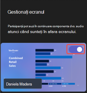 Captură de ecran care evidențiază modul în care să partajați conținut vizibil în timpul unui eveniment Microsoft Teams.