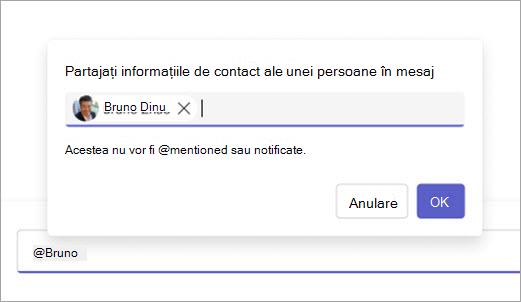 Captură de ecran afișând o persoană de contact gata să partajeze în caseta de compunere.